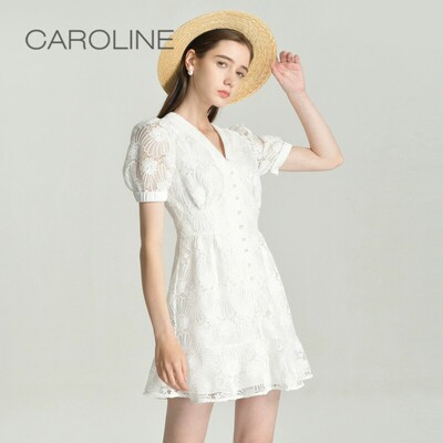 CAROLINE/卡洛琳2021夏季V领收腰连衣裙专柜正品ECRBBZ40-1880