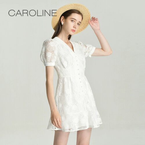 CAROLINE/卡洛琳2021夏季V领收腰连衣裙专柜正品ECRBBZ40-1880