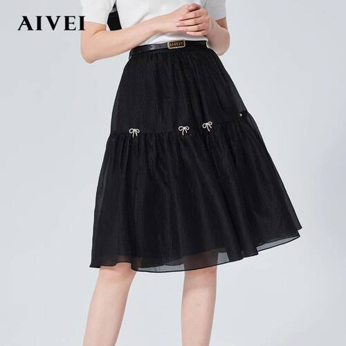 AIVEI欣贺艾薇春季新品高腰抽褶中裙半身裙子P0160118-1380