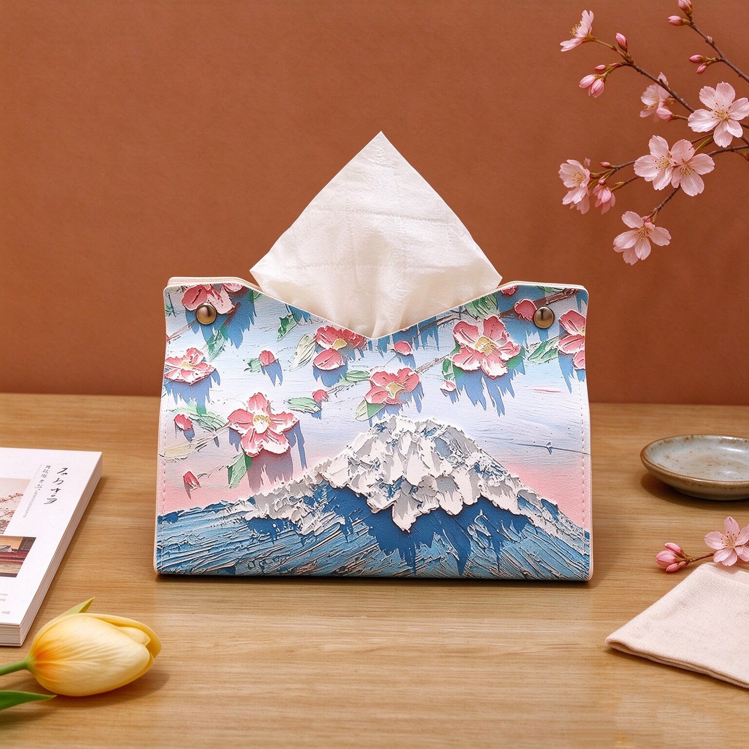 PU皮富士山樱花车载桌面纸巾盒