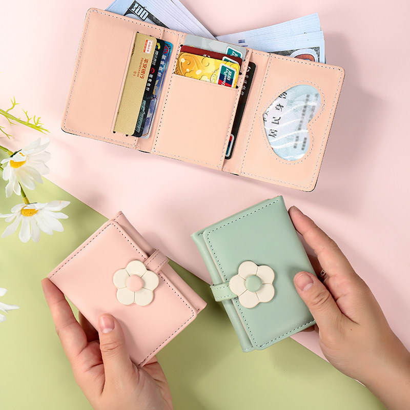 新款ins简约钱包小花按扣三折钱包大容量韩版时尚短款卡片零钱包