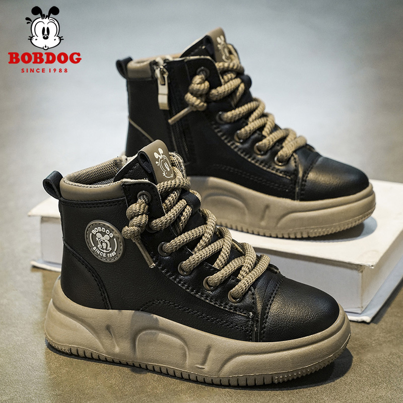 巴布豆童鞋皮面防水男童马丁靴