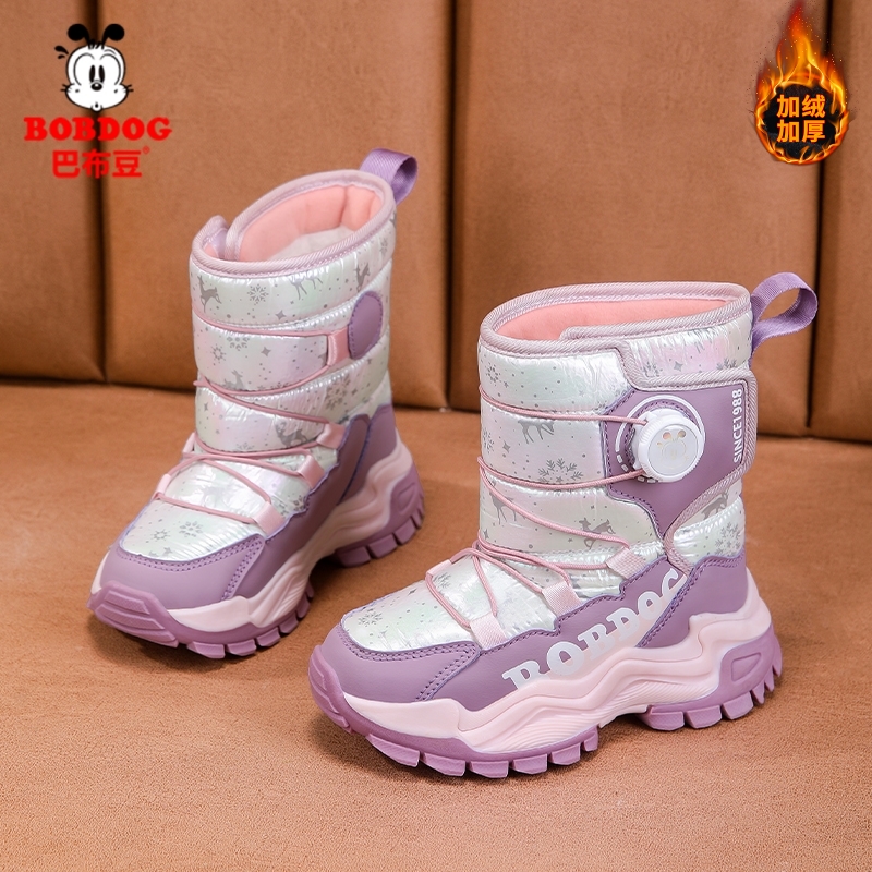 巴布豆童鞋女童保暖雪地靴2024冬季新款加绒加厚儿童时尚中筒靴子