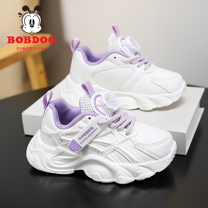 巴布豆童鞋女童小白鞋2025春秋新款皮面防水儿童运动鞋女童老爹鞋