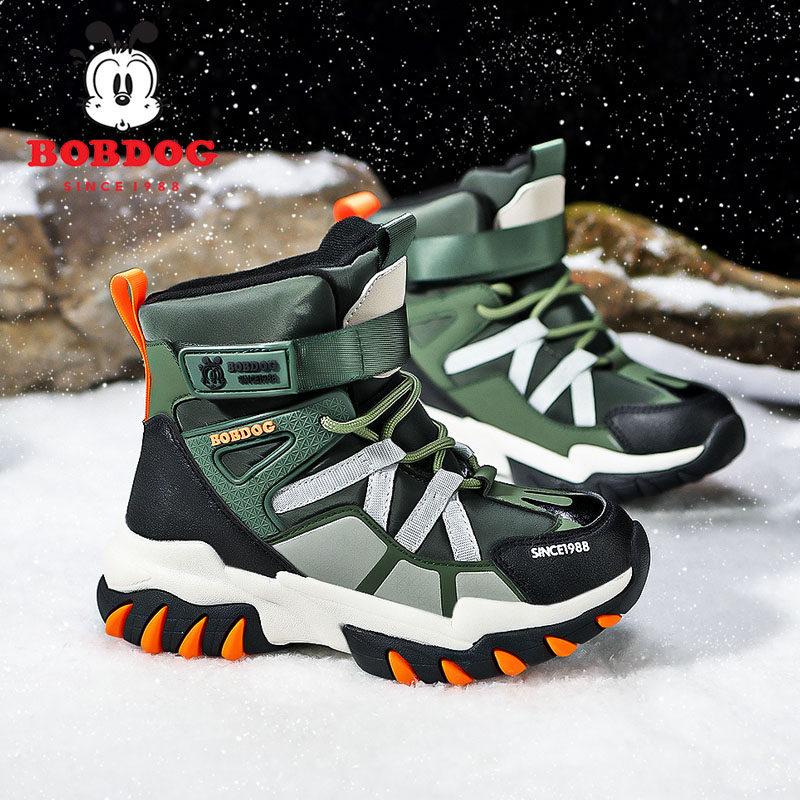 巴布豆童鞋儿童雪地靴加绒加厚冬季男童中筒靴时尚中大童保暖靴子