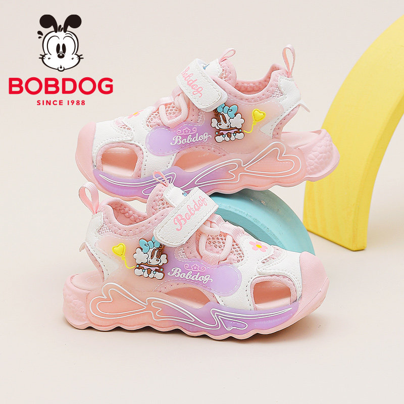 巴布豆童鞋女童包头凉鞋2025夏季新款防滑软底宝宝鞋子儿童闪灯鞋