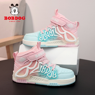 巴布豆童鞋女童高帮运动鞋2023春秋新款儿童皮面防水女孩潮牌鞋子