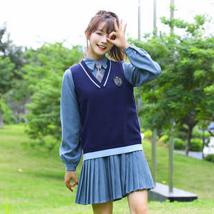 英伦风JK风百褶连衣裙男女学生针织背心学院风校服运动会班服套装