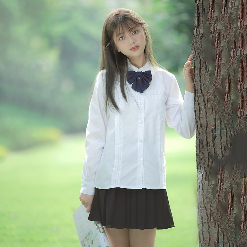 jk制服长袖白衬衫学院风班服风琴褶短袖衬衣校服高初中黑短裙套装