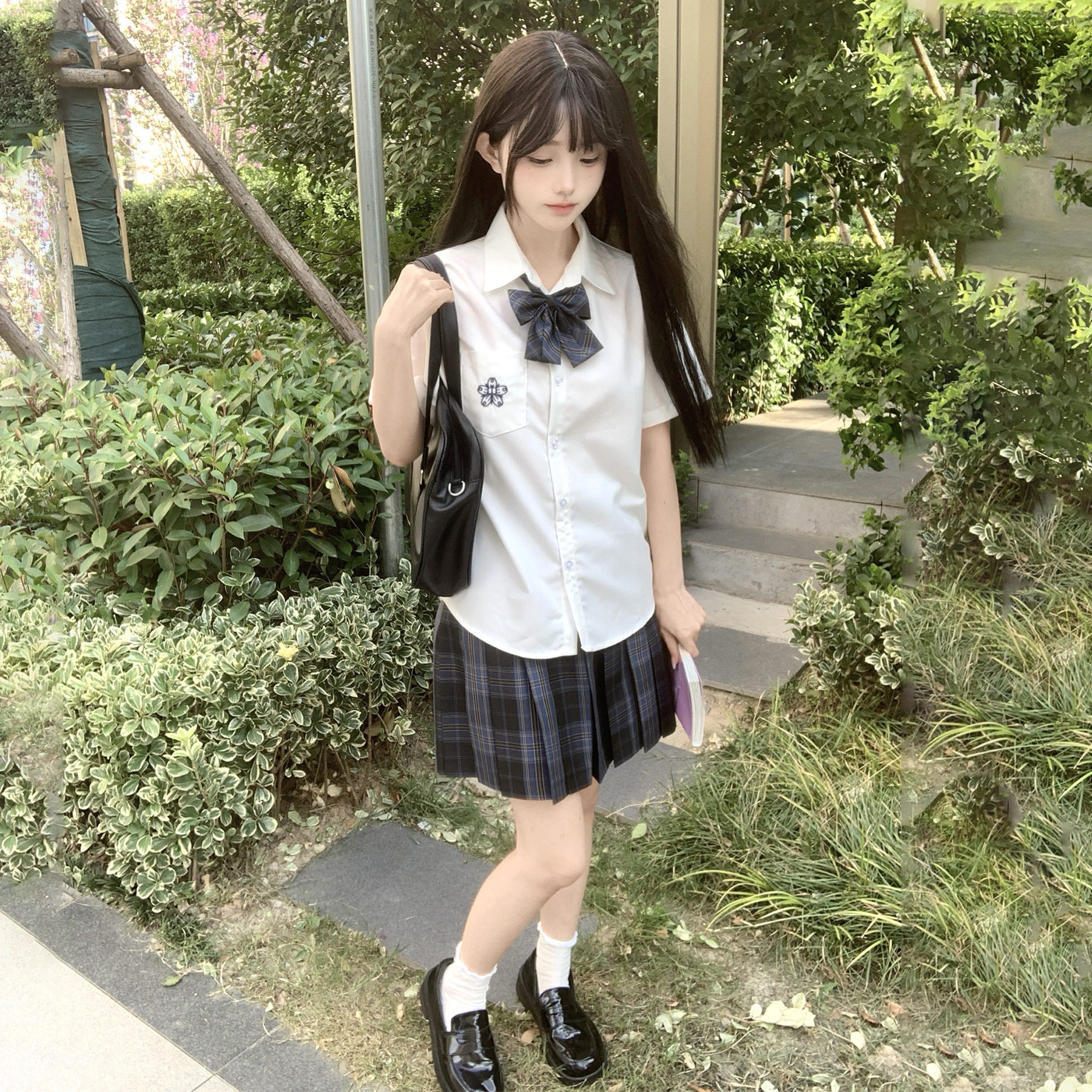 jk制服女生短袖衬衫学院风百褶短裙大小姐格裙上衣运动会表演套装