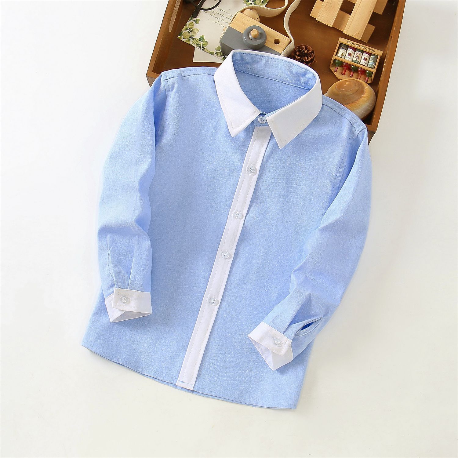 儿童蓝色衬衫学院风小学生班服蓝色班服白门襟相色蓝色寸衣演出服