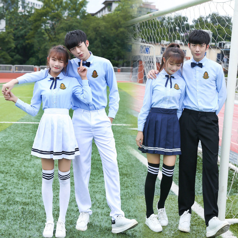 jk制服长袖蓝衬衫高初中学生校服白长裤学院风毕业班服演出服套装