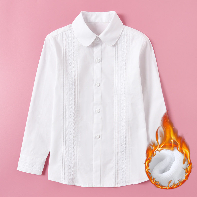 女童加绒白衬衫纯棉校服长袖中小学生女孩蕾丝衬衣毕业合唱表演服