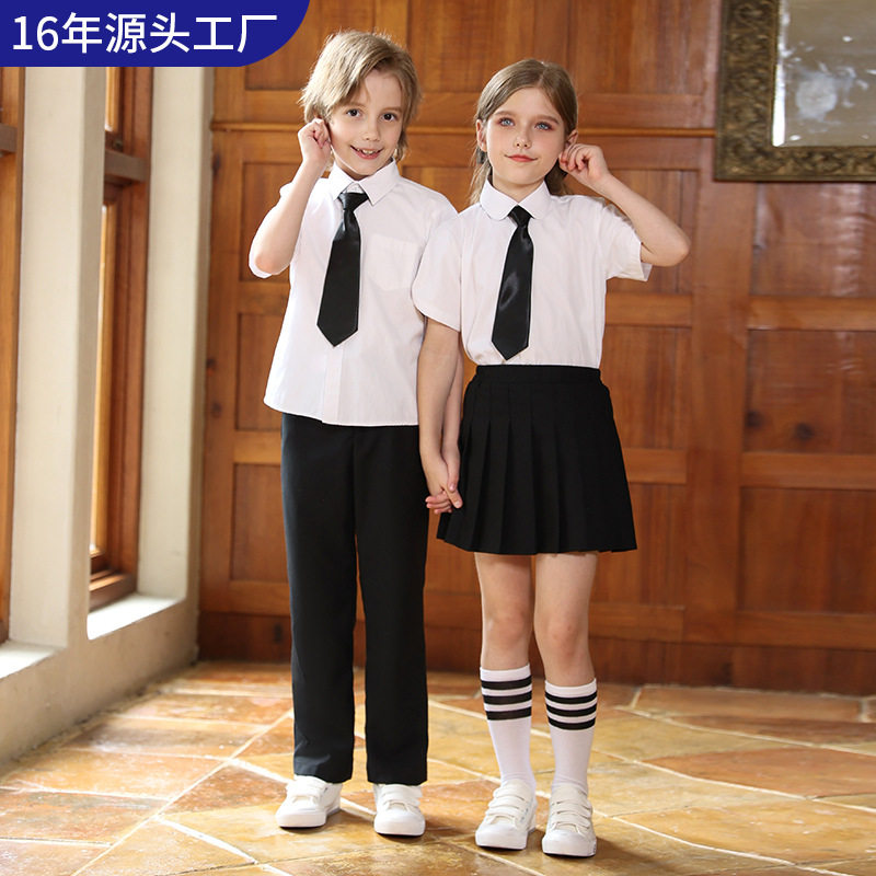 儿童白衬衫黑西裤学院风幼儿园园服小学生短裙长袖衬衣演出服套装