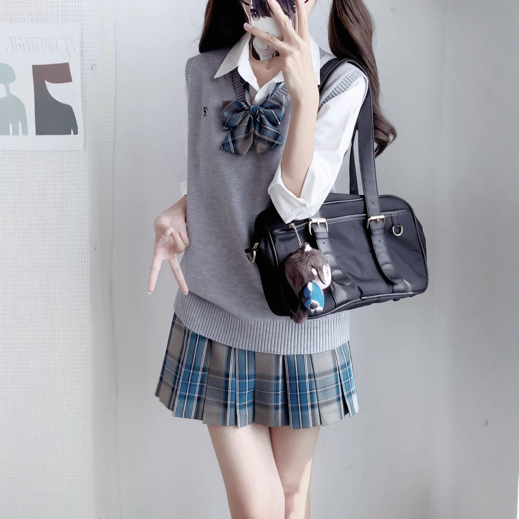 jk制服女生白衬衫高腰百褶裙针织衫开衫格裙学院风短裙演出服套装