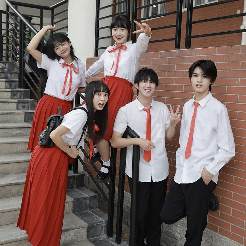 JK制服男女学生短袖白衬衫运动会校服红裙国庆节大合唱表演服套装