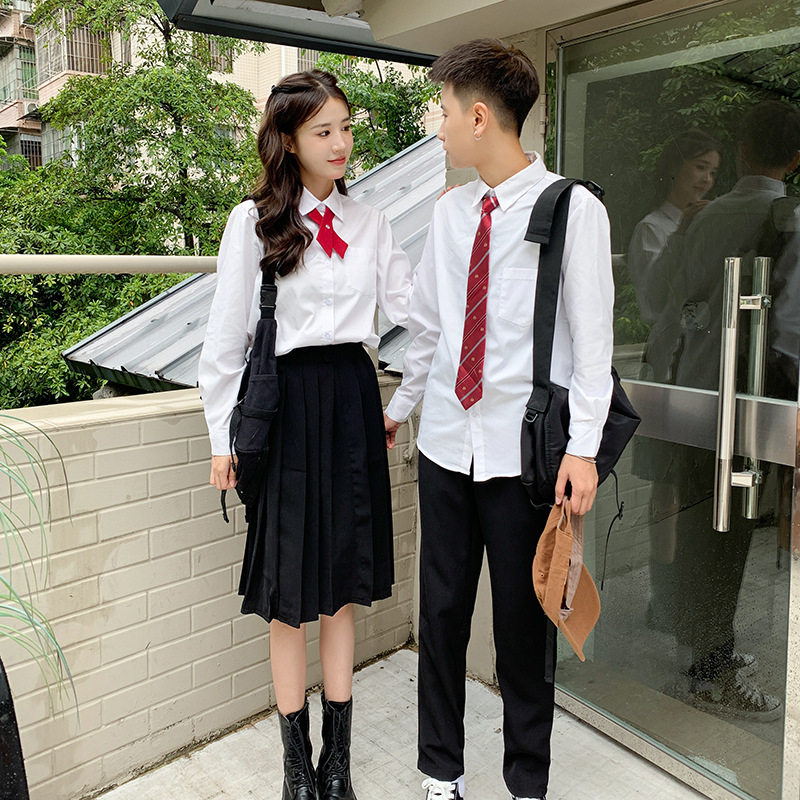 jk制服长袖白衬衫毕业校服班服学院风运动会黑色百褶裙黑西裤套装