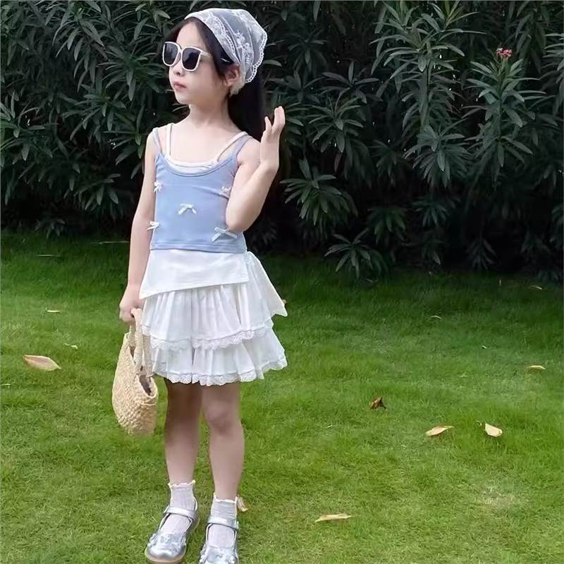 女童吊带背心夏装蝴蝶结无袖上衣儿童3-8岁女宝宝白色蕾丝裙套装