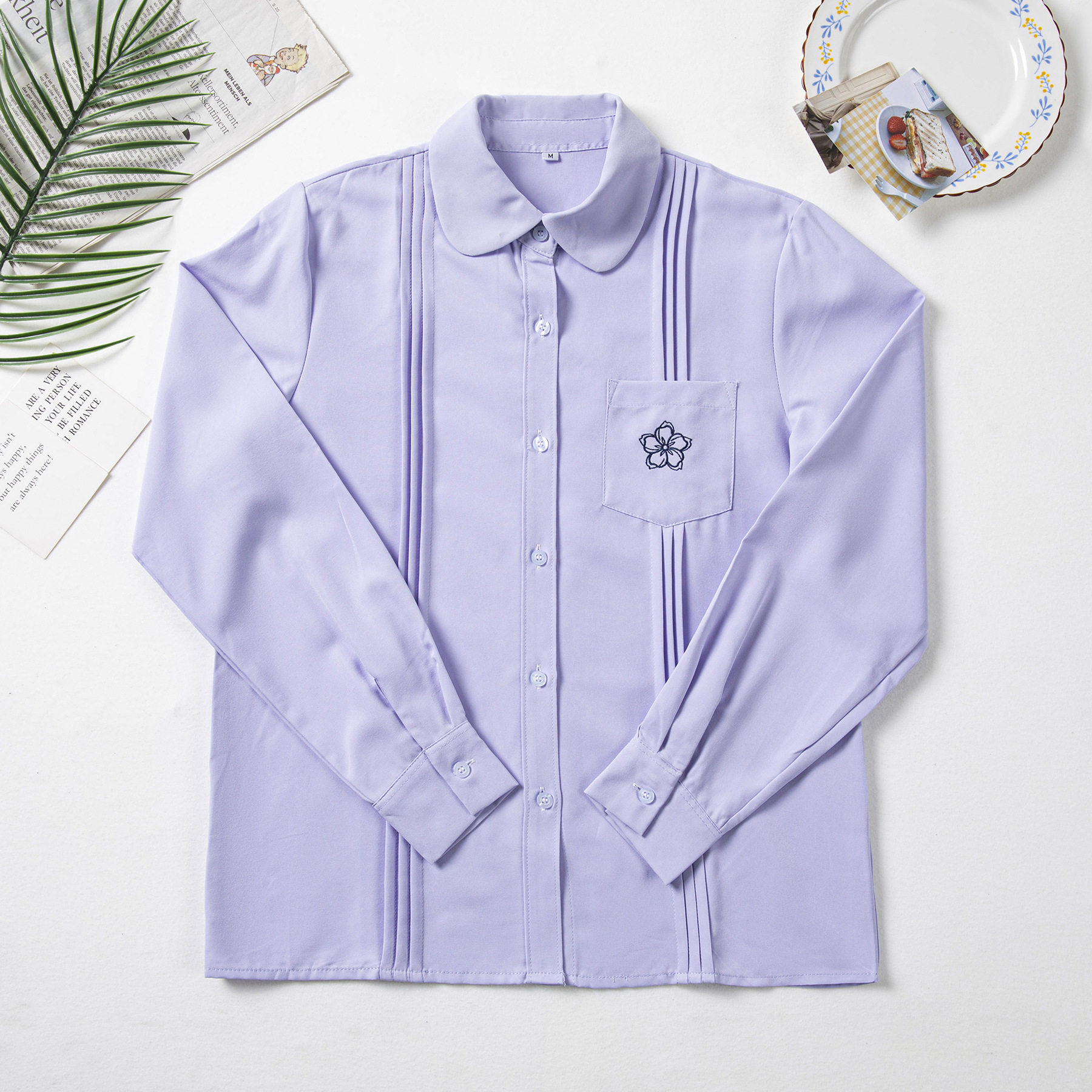 泰式jk制服女生风琴褶刺绣班服校服毕业季运动会圆领宽松学生衬衫