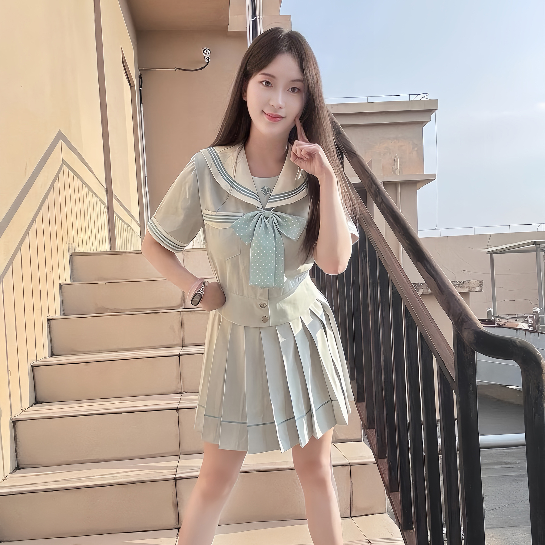 jk制服少女海军风雾青薄荷绿水手服百褶裙学院风学生裙演出服套装