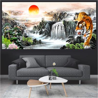 猛虎下山图贴画祈福吉祥图客厅走廊招财墙贴画动物图老虎海报