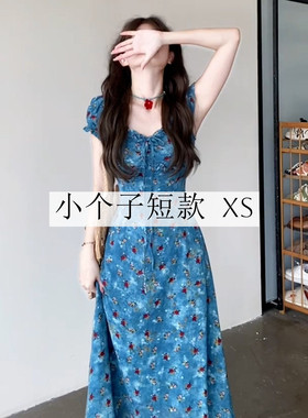 夏日巨好看法式蓝色碎花连衣裙子女装夏季2026新款爆款小个子长裙
