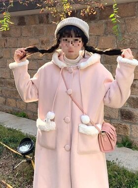 甜美风粉色连帽毛呢外套女秋冬季2026新款中长款加厚夹棉呢子大衣