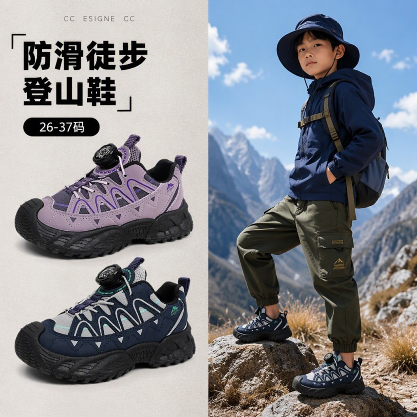 儿童防滑旋转扣软底登山鞋