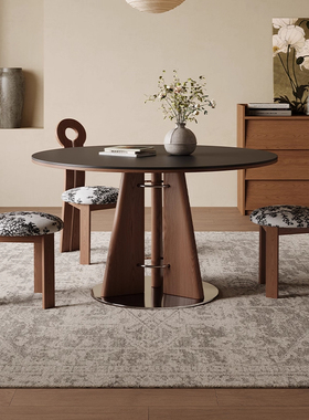 北欧实木岩板餐桌家用小户型中古设计师圆桌侘寂风复古圆形吃饭桌