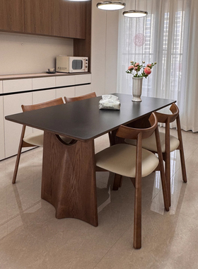 中古风实木岩板餐桌长方形家用广东佛山轻奢胡桃木色黑色岩板餐桌