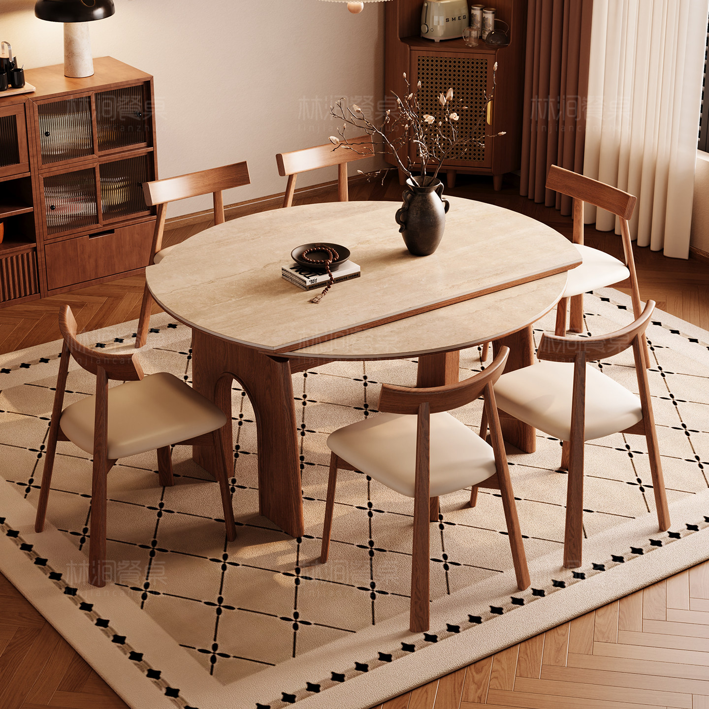 洞石岩板美式中古风实木折叠餐桌椅子可伸缩变圆桌小户型家用饭桌