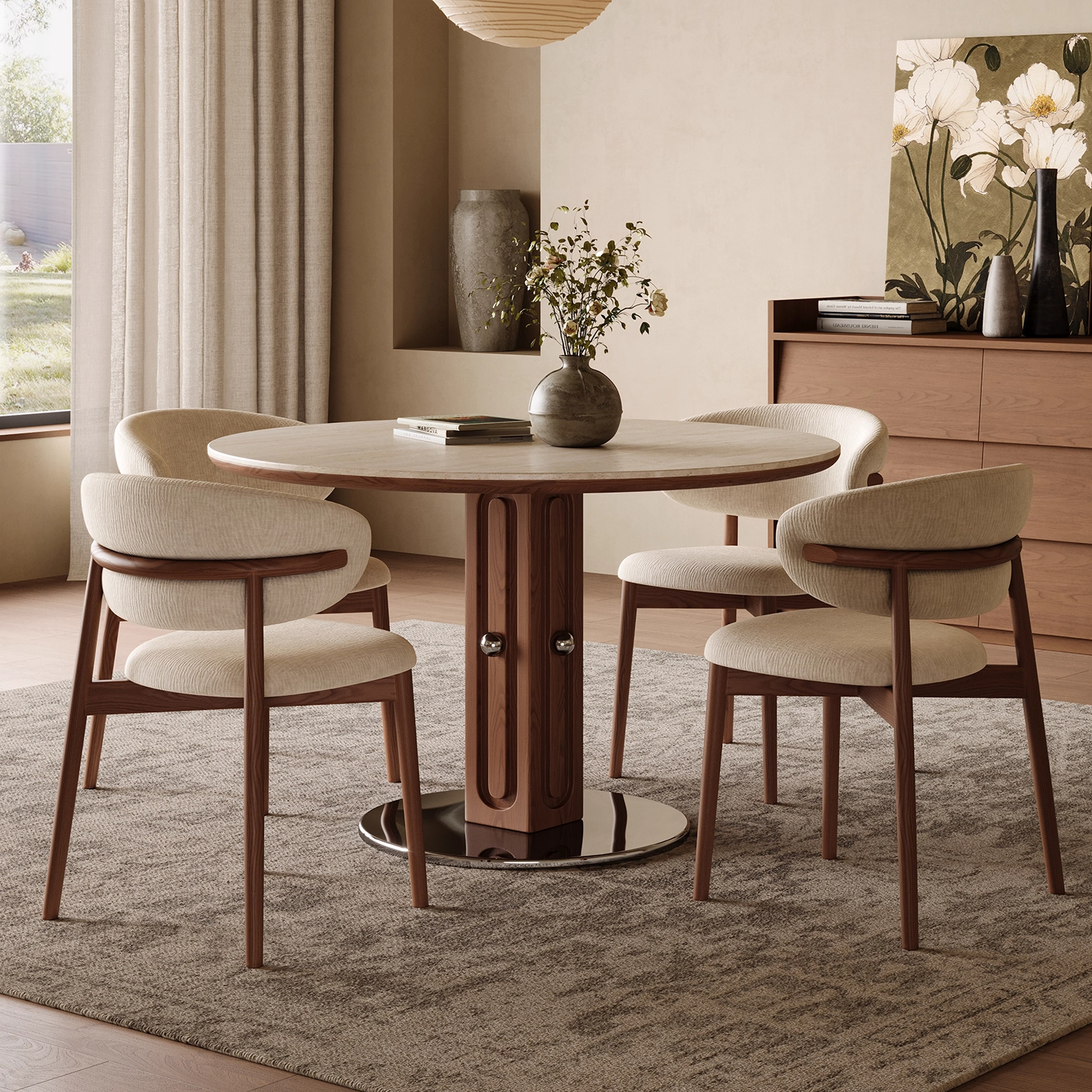 中古风洞石岩板圆桌复古圆形餐桌