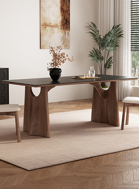 复古黑色岩板餐桌小户型现代简约中古风长方形家用胡桃色实木餐桌