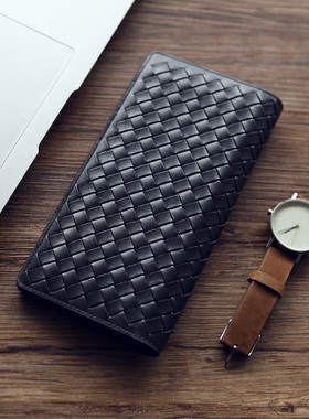 LAN 男式真皮编织钱包 长款牛皮纯手工票夹 男女式超薄手拿钱包