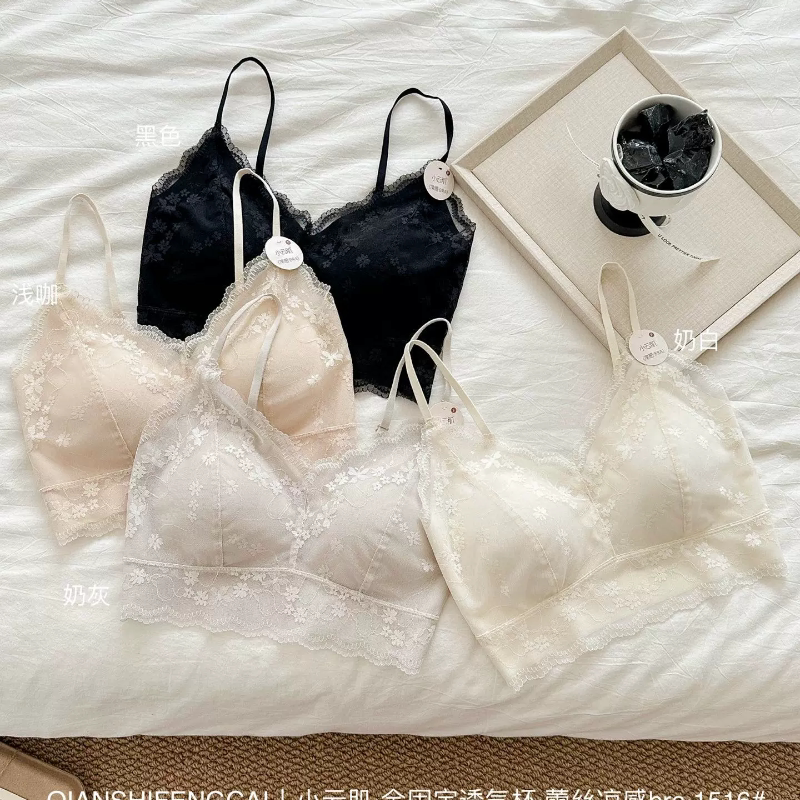 法式轻奢花瓣蕾丝吊带美背女固定杯抹胸女免穿文胸无钢圈纯欲裹胸