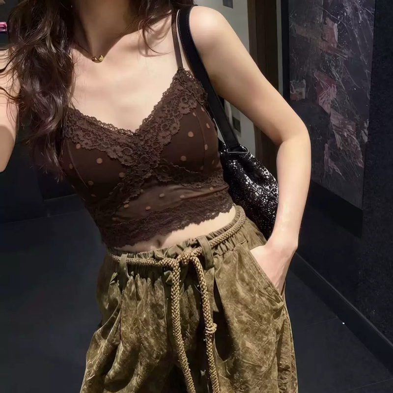 米娅林法式蕾丝波点吊带美背女内搭带胸垫一体内衣裹胸辣妹上衣潮