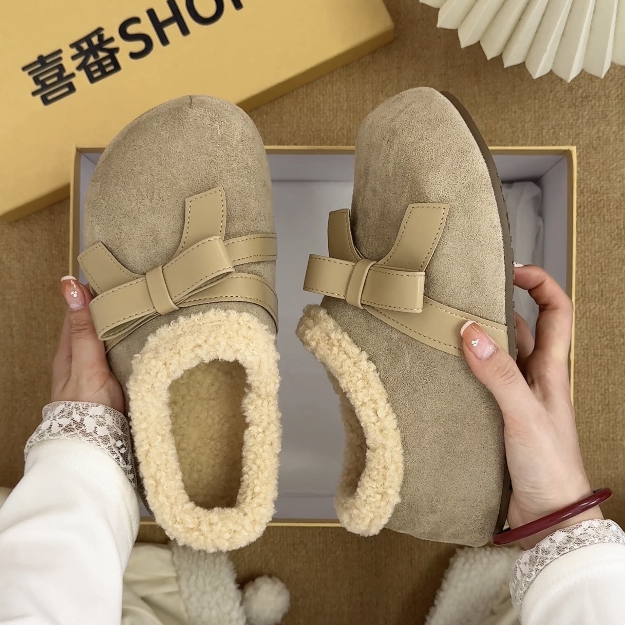 喜番SHOP蝴蝶结厚底勃肯鞋女秋冬加绒保暖棉鞋一脚蹬懒人豆豆鞋子