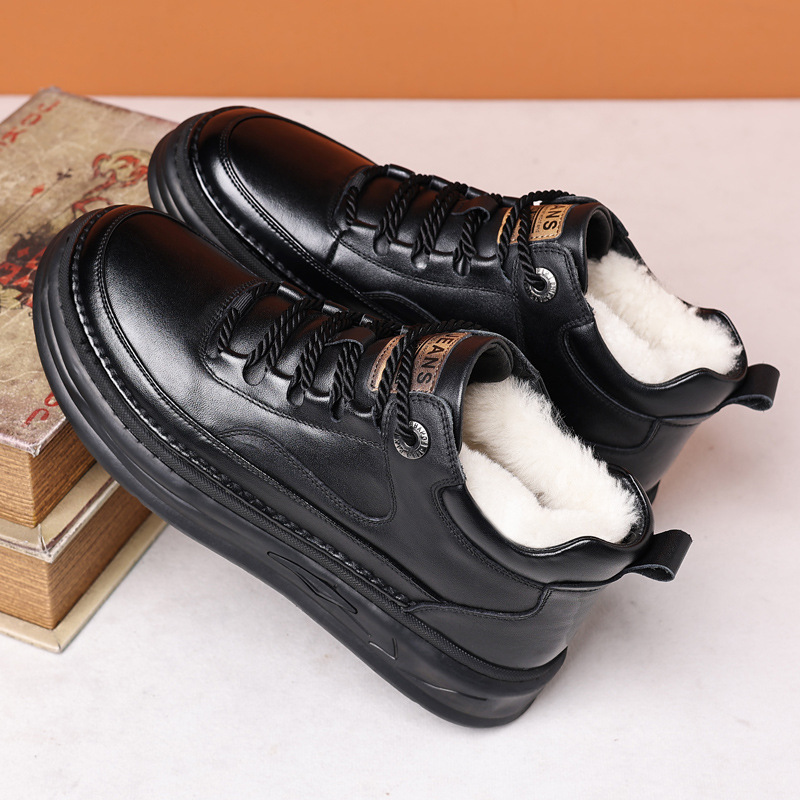 高档男士潮真皮羊毛棉鞋冬季加绒厚底保暖皮鞋高帮鞋运动棉皮鞋