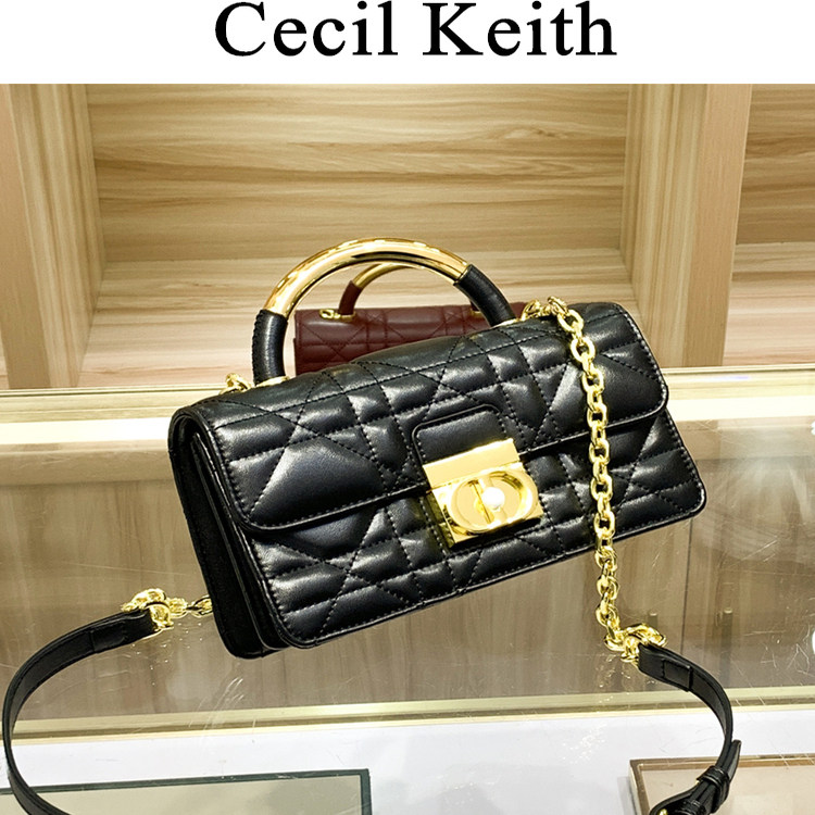 cecilkeith2025新款小众真皮菱格链条手提小方包单肩斜挎风琴包女