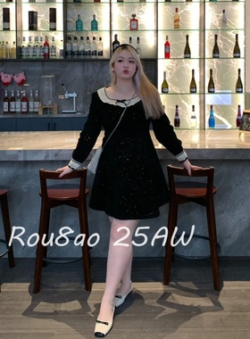 Rou8ao微胖大码女装复古法式气质赫本风黑色连衣裙秋女长袖连衣裙