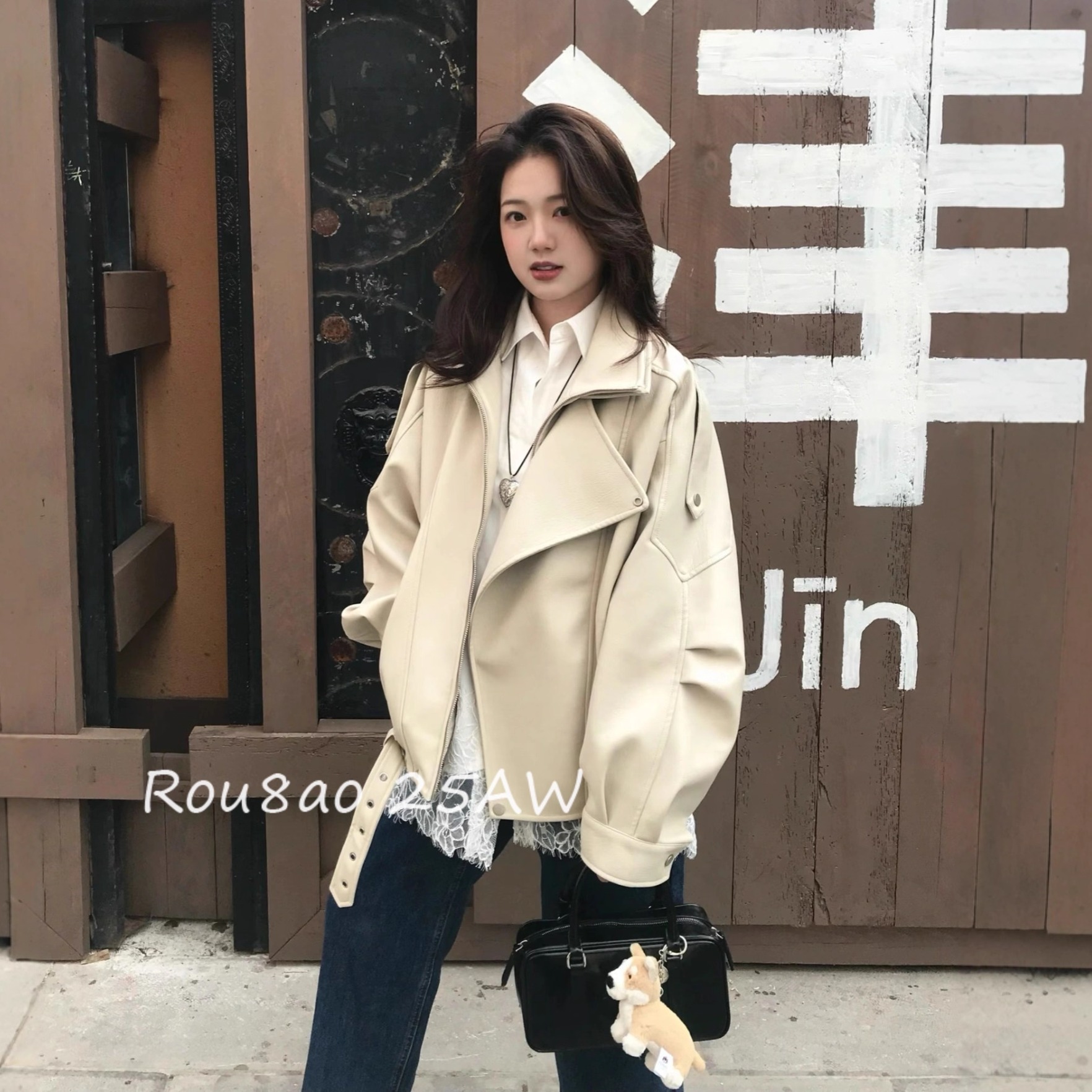 微胖女装黑色PU机车皮衣外套女