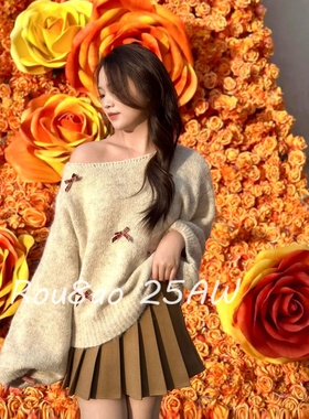 Rou8ao微胖大码女装韩系温柔风蝴蝶结软糯针织衫毛衣+围巾两件套