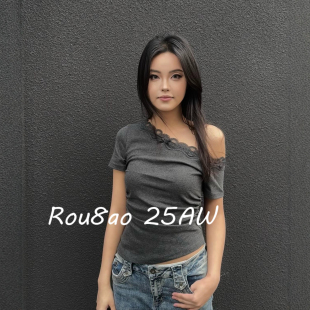 T恤胖mm褶皱显瘦气质上衣 纯欲风蕾丝拼接短袖 Rou8ao微胖大码 女装