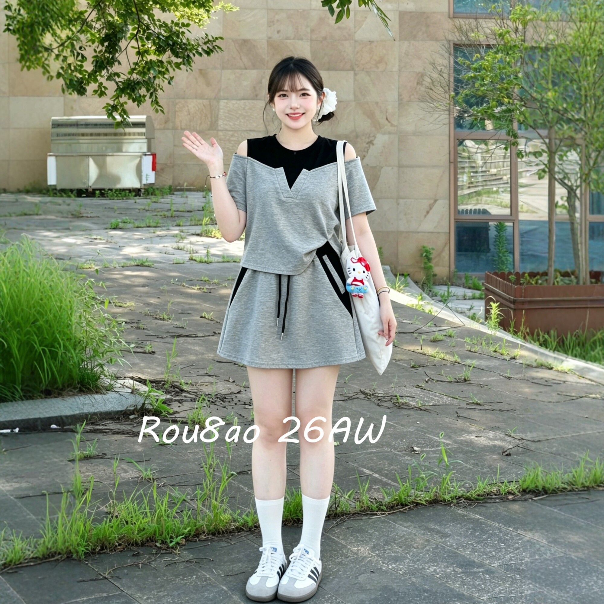 Rou8ao大码女装慵懒风露肩短袖T恤+半身裙夏上新微胖两件套套裙