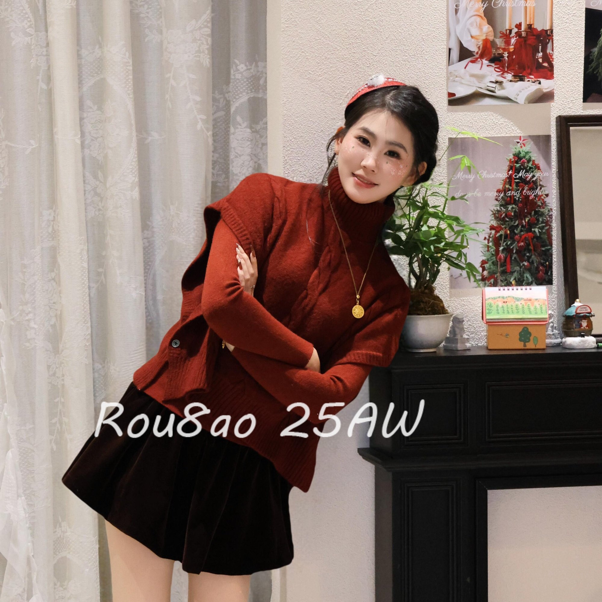 Rou8ao微胖大码女装高领麻花毛衣套头针织衫斗篷式无袖马甲两件套,女装/女士精品,大码套装,淘宝优惠券,粉丝福利购,淘宝优惠卷
