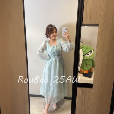 Rou8ao微胖大码女装法式仙女风泡泡袖连衣裙女收腰显瘦长裙2026春