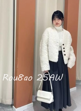 Rou8ao微胖大码女装毛茸茸短外套秋冬宽松显瘦小香风开衫白色通勤