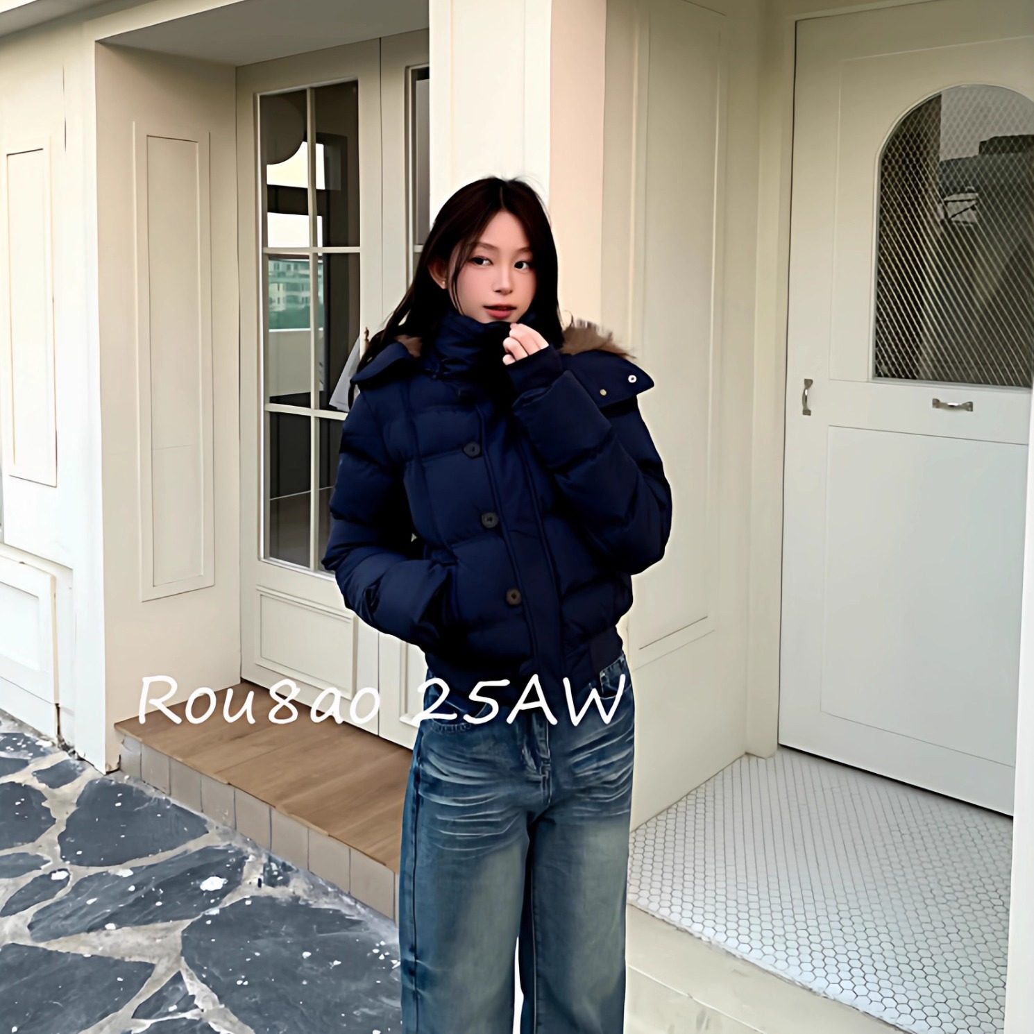 微胖韩系设计感毛领连帽羽绒棉服
