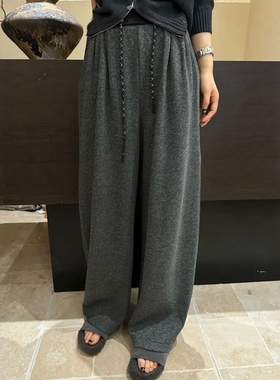 大码韩系慵懒风高腰抽绳灰色阔腿裤2025秋冬加绒裤子胖mm显瘦长裤
