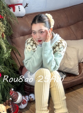 Rou8ao微胖大码女装绿色费尔岛圆领毛衣女宽松慵懒风软糯针织上衣